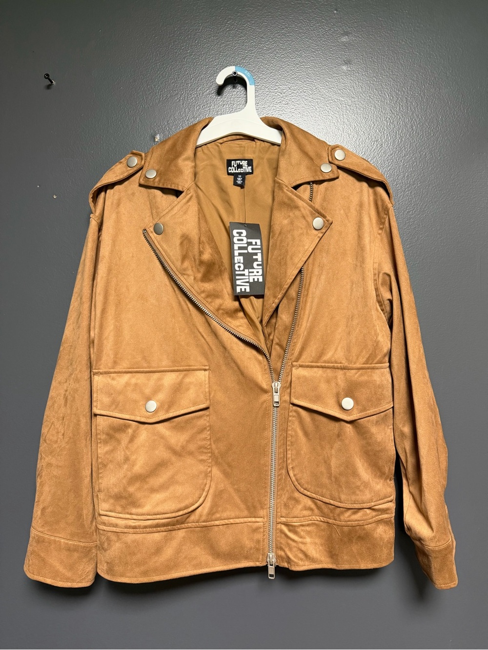 NWT Future Collective Faux Suede Relaxed Moto Jacket Cognac XS
